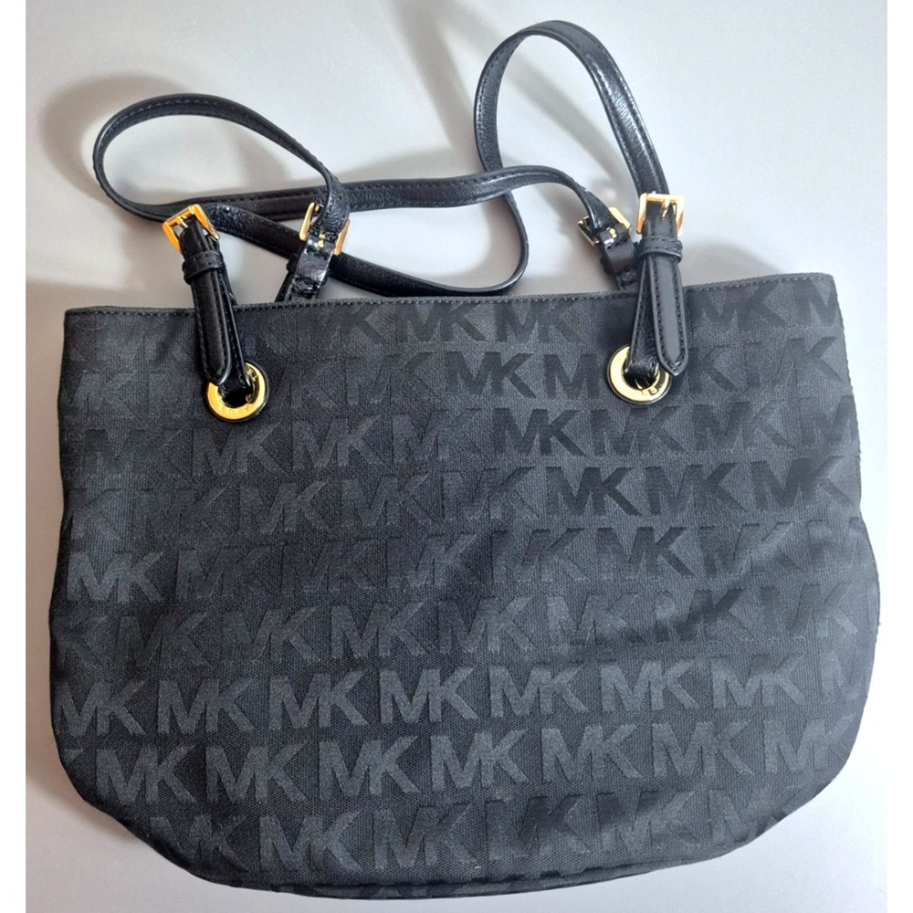 Michael Kors Signature MK Logo Tote Bag Purse Black Fabric Gold Tone Hardware